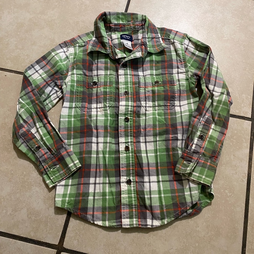 Carter's Green, White & Gray Plaid Button-Down Shirt